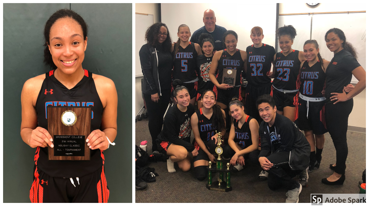 Kyannie Brown (left) shows off her All Tournament Team hardware. Full squad showing off the team hardware (right)
