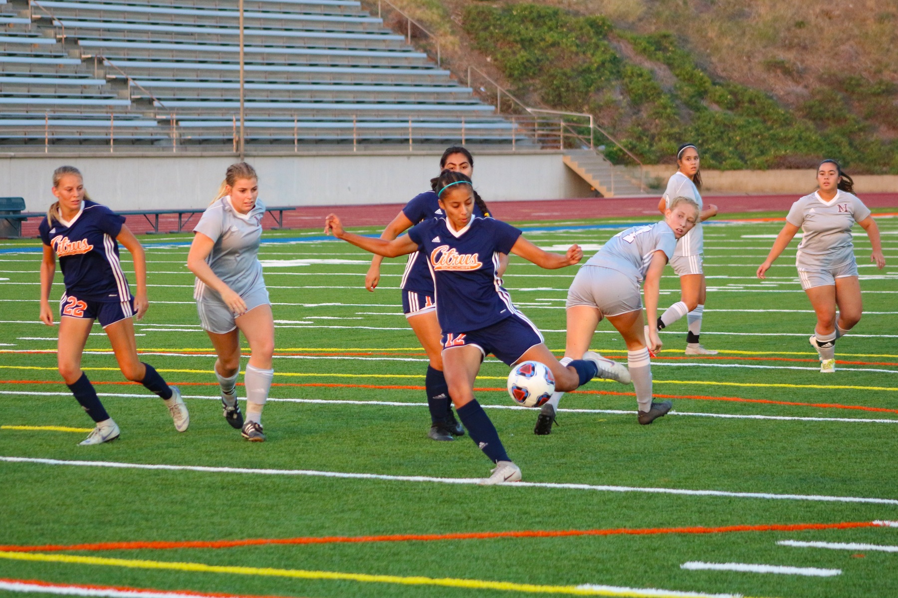 Zeanna Silva volleys a bullet at the Mountie goal. Image: Treyvon Watts-Hale