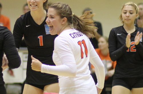Freshman Hailey Pontes (#11) was one of three individuals with a match high eight digs in Citrus' sweep of Antelope Valley. Photo By: Robert Lopez