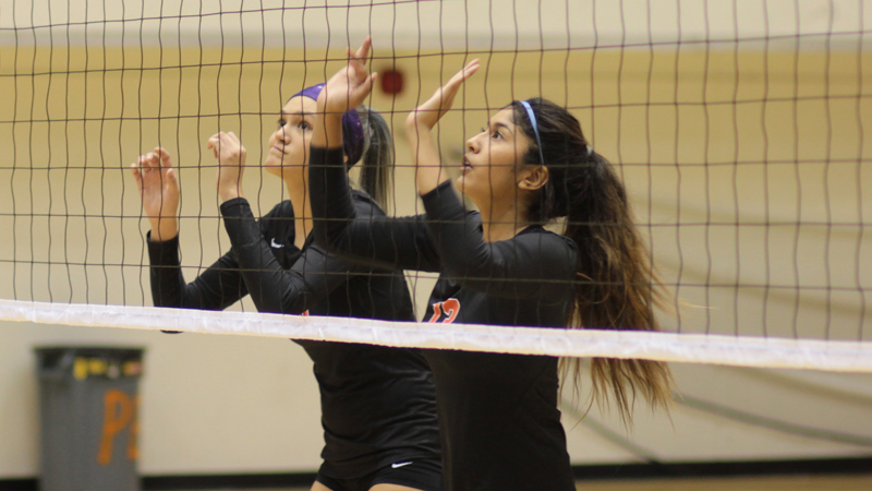 Freshman Lauren Valenciana (left) and Briana Olvera (right) each had five kills in Citrus' loss to Bakersfield. Photo By: Marisa Dyson